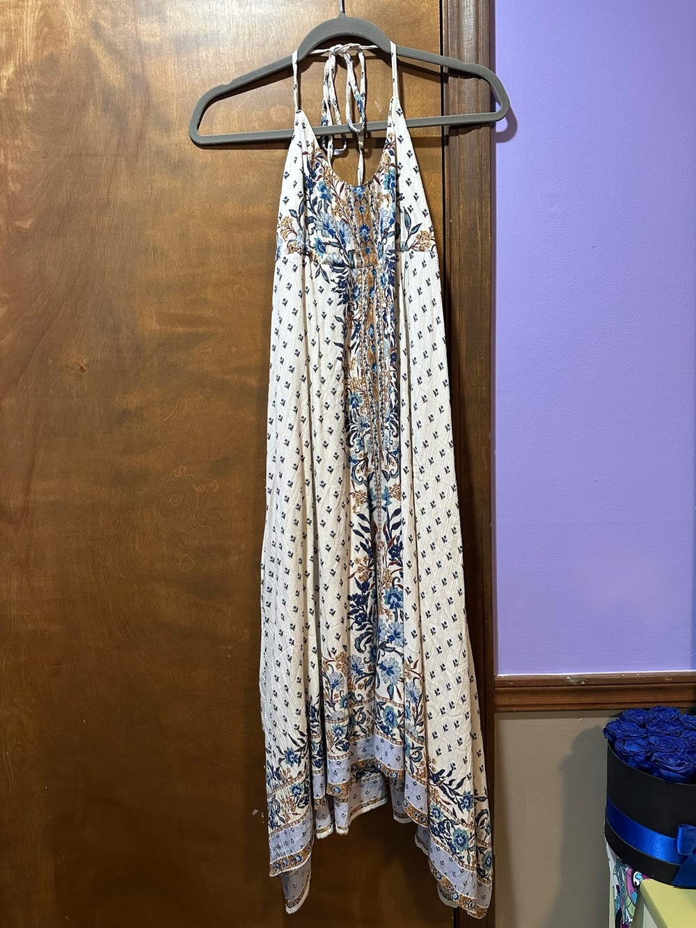 Angie Cream Maxi Dress with Blue and Tan Floral Border